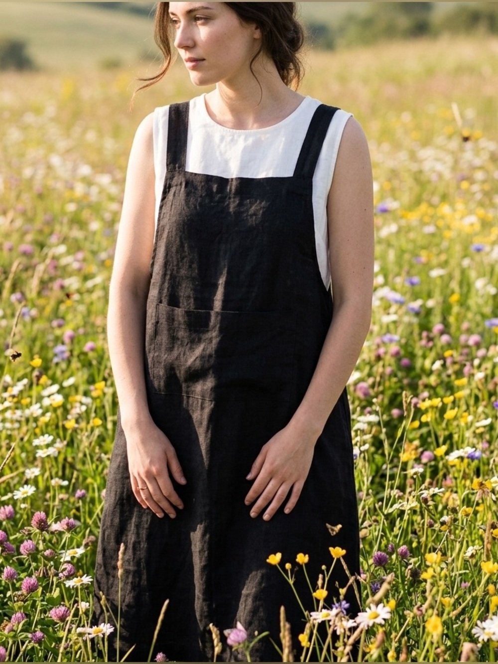 Linenfox Black 100% Linen Pinafore Dress XS Square Neck Pockets Cottagecore